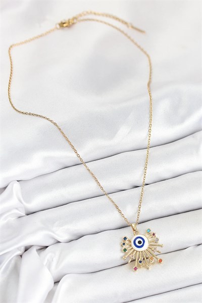 316L Çelik Zirkon Taşlı Nazar Model Gold Renk Kadın Kolye
