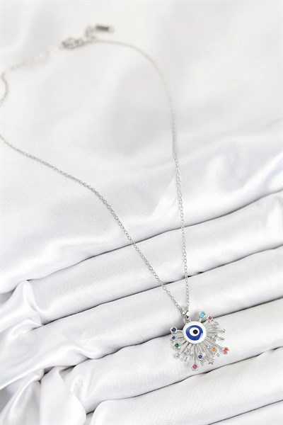 316L Çelik Zirkon Taşlı Nazar Model Gümüş Renk Kadın Kolye