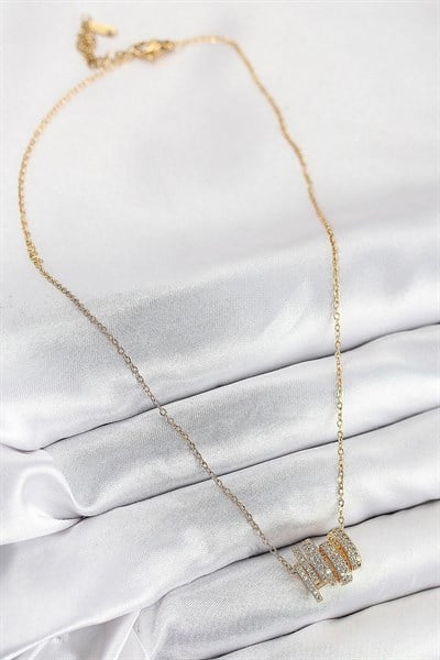 316L Çelik Zirkon Taşlı Sarmal Model Gold Renk Kadın Kolye