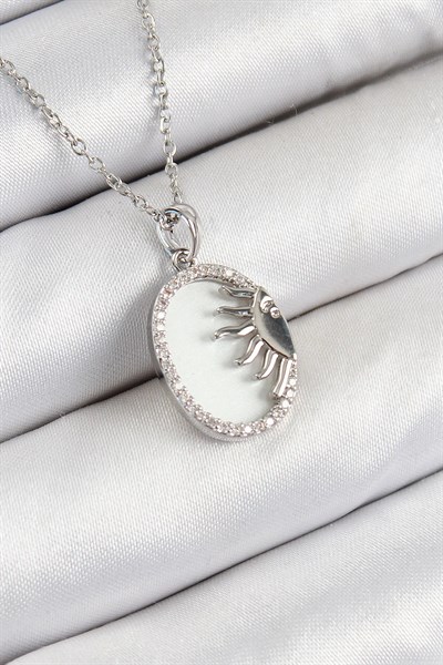 316L Çelik Zirkon Taşlı Yarım Güneş Model Gümüş Renk Kadın Kolye