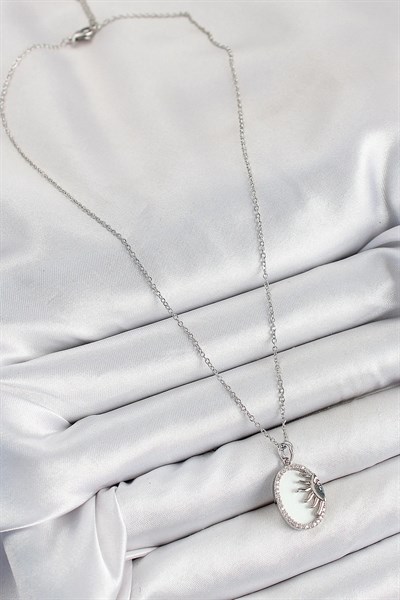 316L Çelik Zirkon Taşlı Yarım Güneş Model Gümüş Renk Kadın Kolye