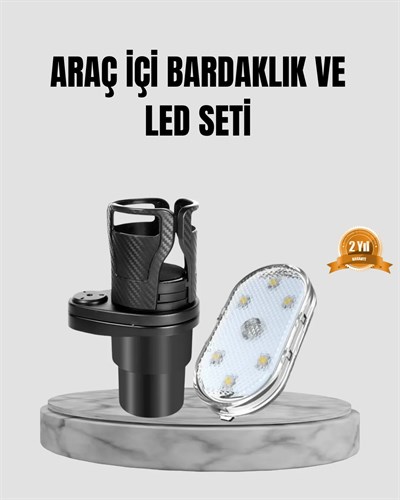 360° Döner Çiftli Bardak Tutucu ve Kablosuz Ambiyans LED Işık Araç Seti