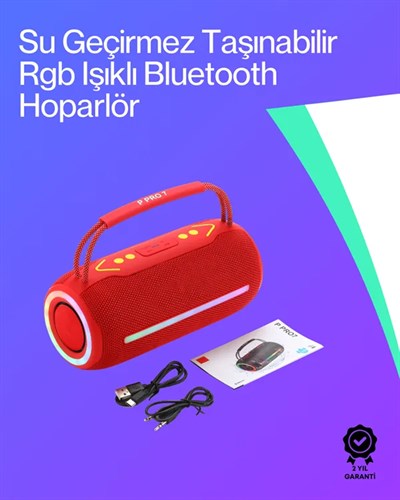 360 RGB LEDli Taşınabilir Bluetooth Hoparlör – Kırmızı, USB/TF Destekli