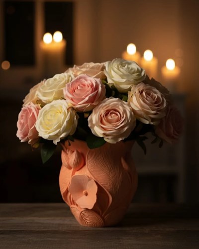 3D Kabartmalı Çiçek Motifli Turuncu Dekoratif Vazo