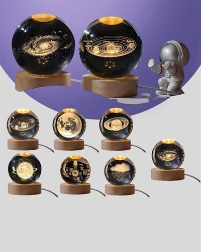 3D Samanyolu Galaksi Kristal Küre USB LED Işıklı Ahşap Standlı Gece Lambası