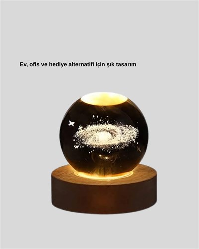 3D Samanyolu Galaksi Kristal Küre USB LED Işıklı Ahşap Standlı Gece Lambası