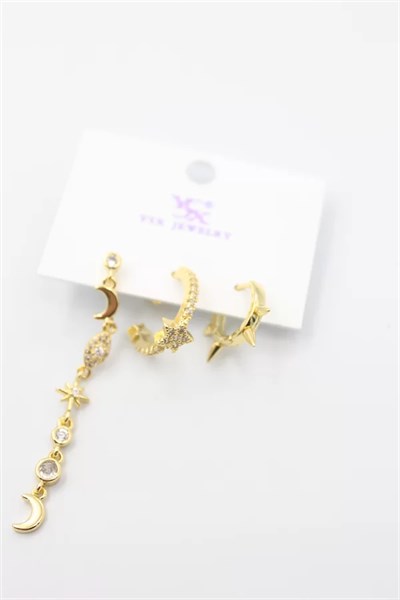 3lü Ay Yıldız Küpe - Altın