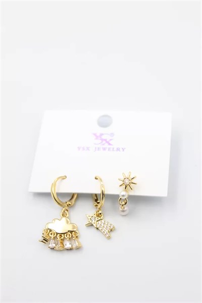 3lü Bulut Küpe - Altın