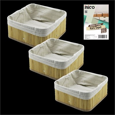 3lü Kare Organizer Sepet Seti - Bambu Kenarlı Ahşap Taban Bez Astarlı (17x17 / 21x21 / 26x26 cm)