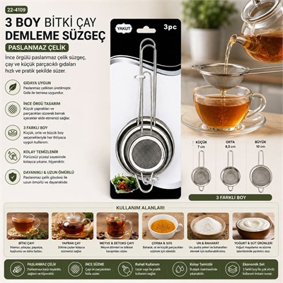 3lü Mini Tel Süzgeç Seti (5-7-8 cm) Metal Çerçeve