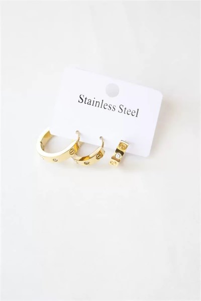 3lü Taşlı Çelik Halka Küpe - Altın