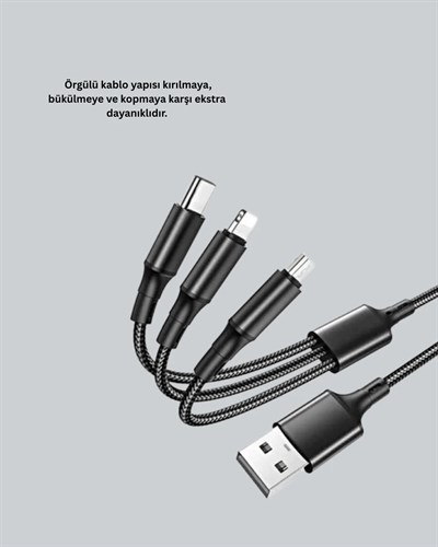 3’ü 1 Arada Hızlı Şarj Kablosu – iOS Android Type-C Uyumlu