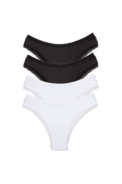 4 Adet Kadın Mikro Bikini Külot İnce Lastik FırFır Kenarlı Yumuşak Doku İç Giyim Siyah Beyaz