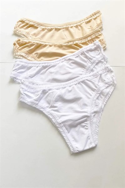 4 Adet Kadın Mikro Bikini Külot İnce Lastik FırFır Kenarlı Yumuşak Doku İç Giyim Beyaz Ten