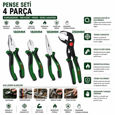 4 Parça Pense Seti - 10 inç Papağan, 7 inç Pense, 6 inç Yan Keski, 7 inç Kargaburnu