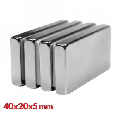 40×20×5 mm N35 Neodyum Mıknatıs – Nikel Kaplama, Köşeli