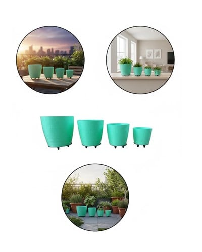 4’lü 3D Ayaklı Yeşil Saksı Seti Dekoratif Modern Tasarım