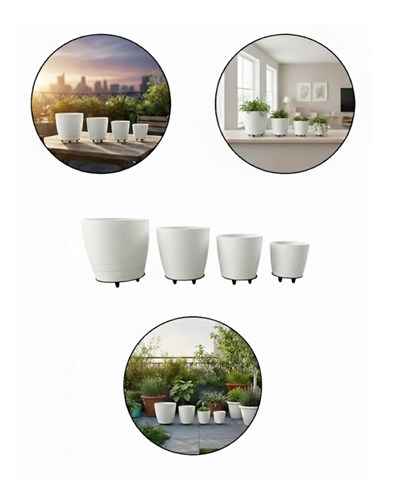 4’lü 3D Beyaz Dekoratif Vazo Seti Modern Ayaklı Şık Saksı Takımı