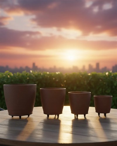 4’lü 3D Kahverengi Ayaklı Dekoratif Saksı Takımı Modern Tasarım