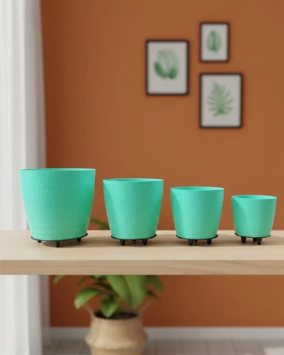 4’lü 3D Yeşil Dekoratif Vazo Seti Modern Ayaklı Şık Saksı Takımı