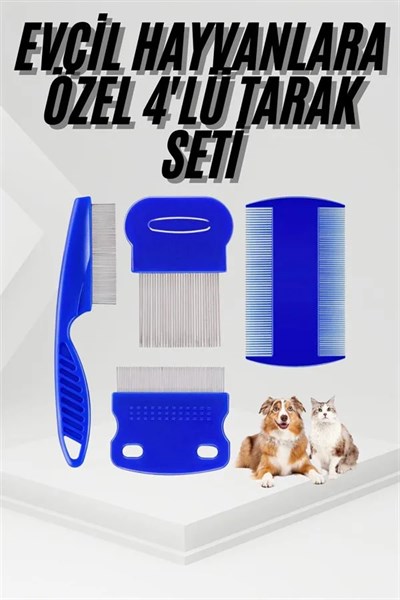 4lü Bit Pire Tarağı Set Kedi Köpek Evcil Hayvan Tüy Toplayıcı Mavi