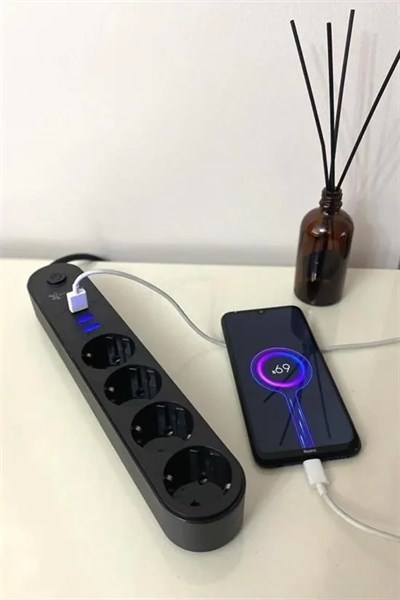 4lü Siyah Anahtarlı 3 Usb Li Akım Korumalı Topraklı Çocuk Korumalı Grup Priz 2 Metre