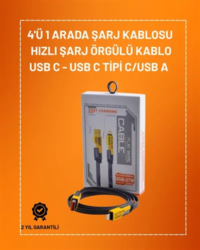 4ü 1 Arada USB Hızlı Şarj ve Veri Kablosu – 65W Güç, Çoklu Bağlantı, 1.2m