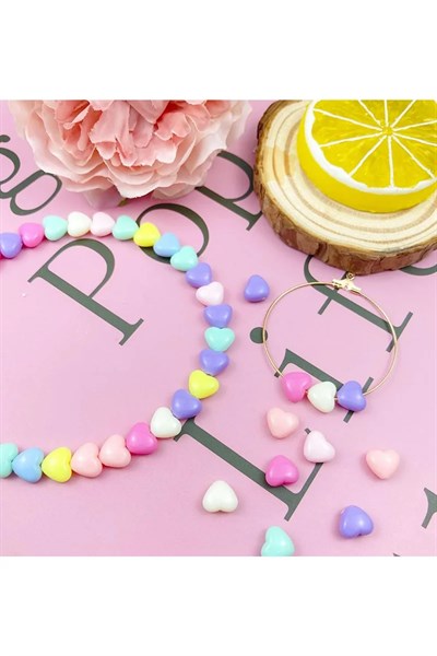 60 gr (300 adet) Şeker Rengi Akrilik Kalp Boncuklar Renkli Karışık Plastik Pastel Boncuklar Ara Boncuk Kalp Şekilli Kolye Bilezik için