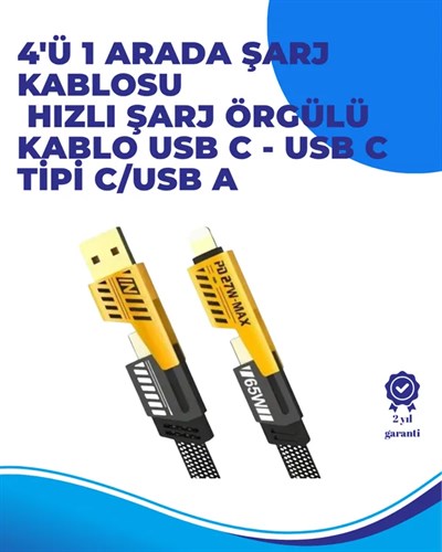 65W 4ü 1 Arada Çoklu Şarj Kablosu – USB-C, USB-A, Lightning, Veri ve Şarj Desteği