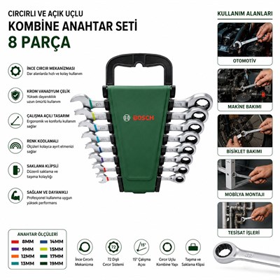 8 Parça 8-19 mm Kombine Anahtar Takımı (Plastik Standlı, Taşıma Aparatlı)