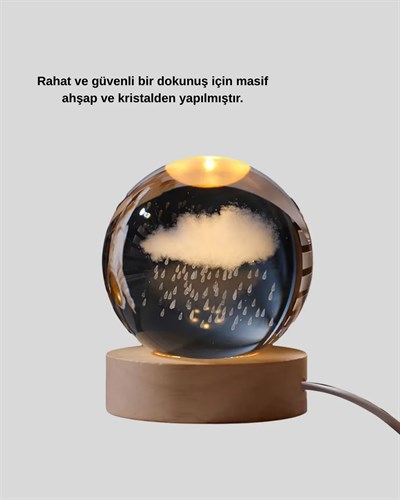 8 cm 3D Yağmur Bulutu Kristal Küre LED Gece Lambası Ahşap Standlı Tasarım Lamba