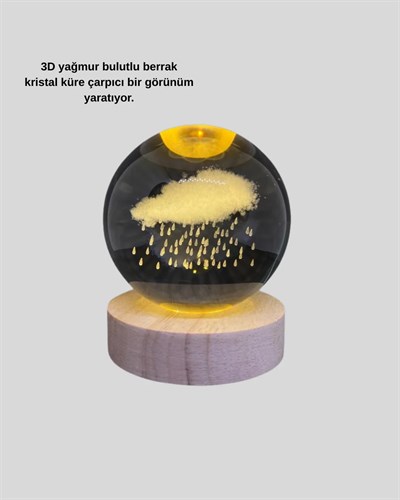 8 cm 3D Yağmur Bulutu Kristal Küre LED Gece Lambası Ahşap Standlı Tasarım Lamba