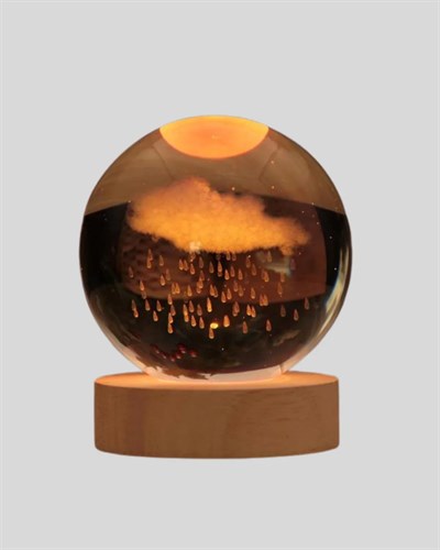 8 cm 3D Yağmur Bulutu Kristal Küre LED Gece Lambası Ahşap Standlı Tasarım Lamba
