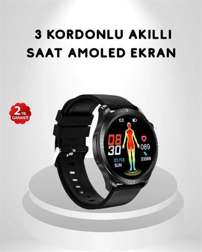 AMOLED Ekranlı Akıllı Saat – 3 Kordon Seçenekli, Suya Dayanıklı, Kalp Atış ve Uyku Takip Özellikli