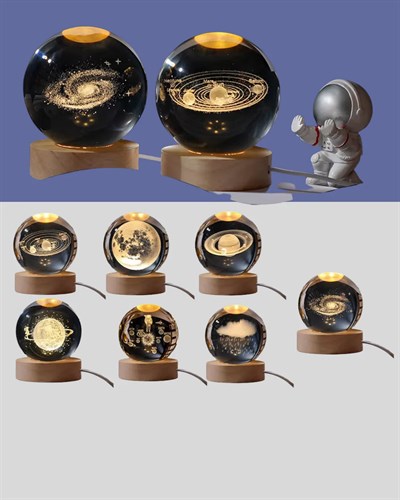 Ahşap Tabanlı 3D Astronot Küre Lamba Çocuk Odası ve Masa Üstü Dekor