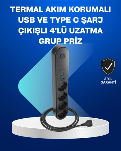 Akıllı Akım Dengelemeli 4’lü Çoklu Priz Type-C ve USB Çıkışlı