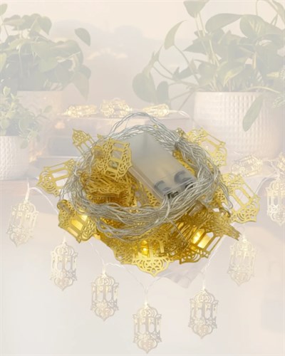 Altın Fener Detaylı Pilli Ramazan LED Işık Ev Dekorasyonu