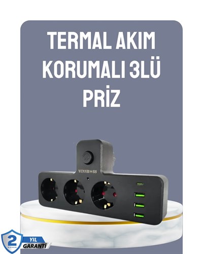 Anahtarlı Çoklu Priz 3 USB 1 Type-C Hızlı Şarj Destekli
