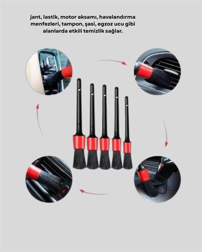 Araç Detay Temizlik Fırçası 5’li Set Çizmeyen Kıl Çok Yönlü Kullanım