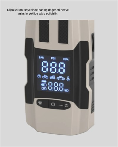 Araç Hava Pompası ve Akü Takviye Powerbank 12.000 mAh Çok Fonksiyonlu