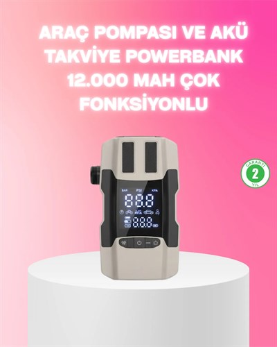 Araç Hava Pompası ve Akü Takviye Powerbank 12.000 mAh Çok Fonksiyonlu