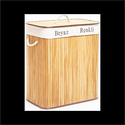 Bambu Ahşap 2 Bölmeli Çamaşır Sepeti 52x32x62 cm