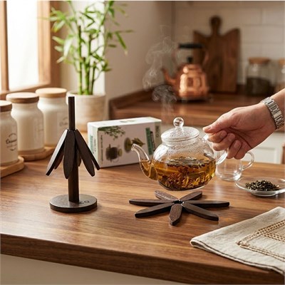 Bambu Ahşap Katlanır Nihale 20 cm - Standlı, Yaprak Desenli (2li)