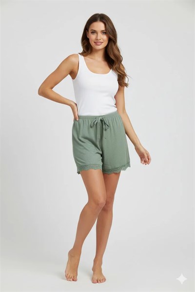 Bambu Fitilli Kadın Ev Şortu Bacak Dantel Detaylı Ev Giyim Yeşil