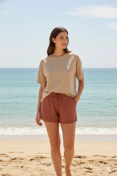 Bambu Fitilli Kadın Ev Şortu Bacak Dantel Detaylı Ev Giyim Taba