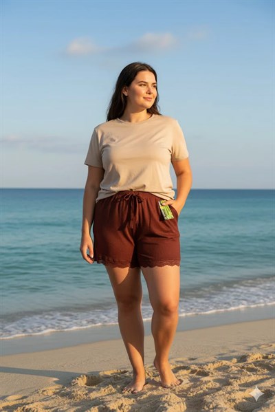 Bambu Fitilli Kadın Ev Şortu Bacak Dantel Detaylı Ev Giyim Koyu Taba