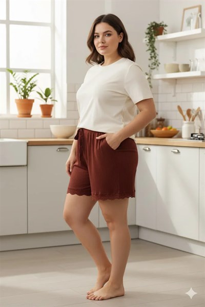 Bambu Fitilli Kadın Ev Şortu Bacak Dantel Detaylı Ev Giyim Koyu Taba