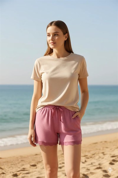 Bambu Fitilli Kadın Ev Şortu Bacak Dantel Detaylı Ev Giyim Fuşya