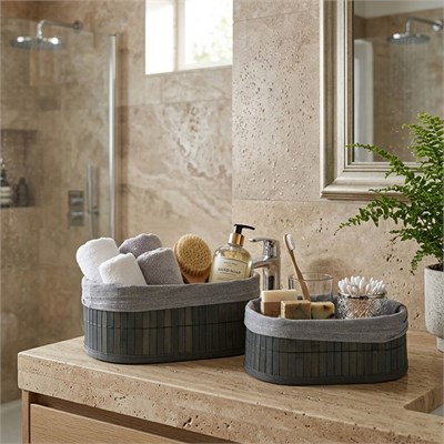 Bambu Kenarlı Oval Organizer Sepet (Ahşap Tabanlı, Bezli) 21x14-25x16 cm
