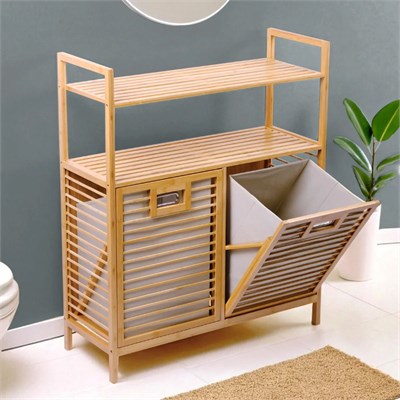 Bambu Kirli Çamaşır Sepeti 2 Bölmeli 2 Kat Organizer 80x33x87 cm